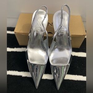 Mango silver patent sling back heels NWOT